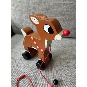 Rudolph Wood Pull Toy - Rudolph the red nosed reindeer w/ cord vintage